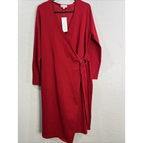 Birch NY Wrap Dress Size M Red Tie Waist Sweater Knit Holiday Christmas Cocktail - Picture 1 of 8